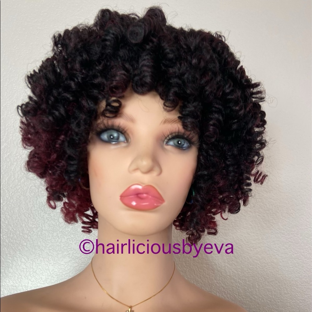Short Curly afro wig red  burgundy black ombré - Picture 4 of 9